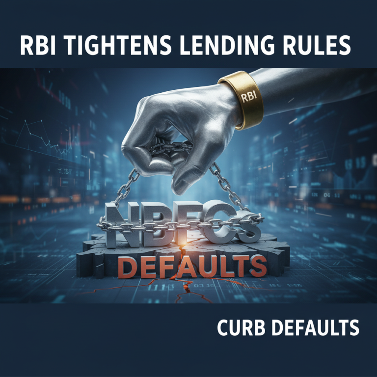 A metallic hand labeled "RBI" shackles "NBFCs" and "DEFAULTS" on a cracked financial graph.