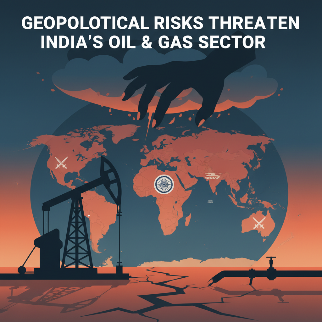 A world map with an oil pump, pipeline, and a menacing hand cloud, symbolizing global geopolitical threats to energy.