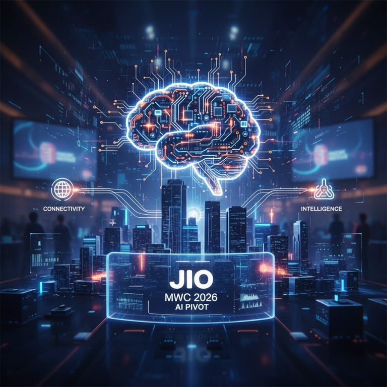 A futuristic digital cityscape with a glowing brain icon, symbolizing Jio's shift from connectivity to AI intelligence.