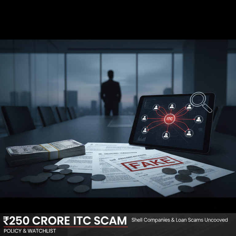 A man in a suit looks out a window in a dimly lit office. Documents with 'FAKE' stamps, money, and a tablet showing a network diagram related to ITC are on the table.
