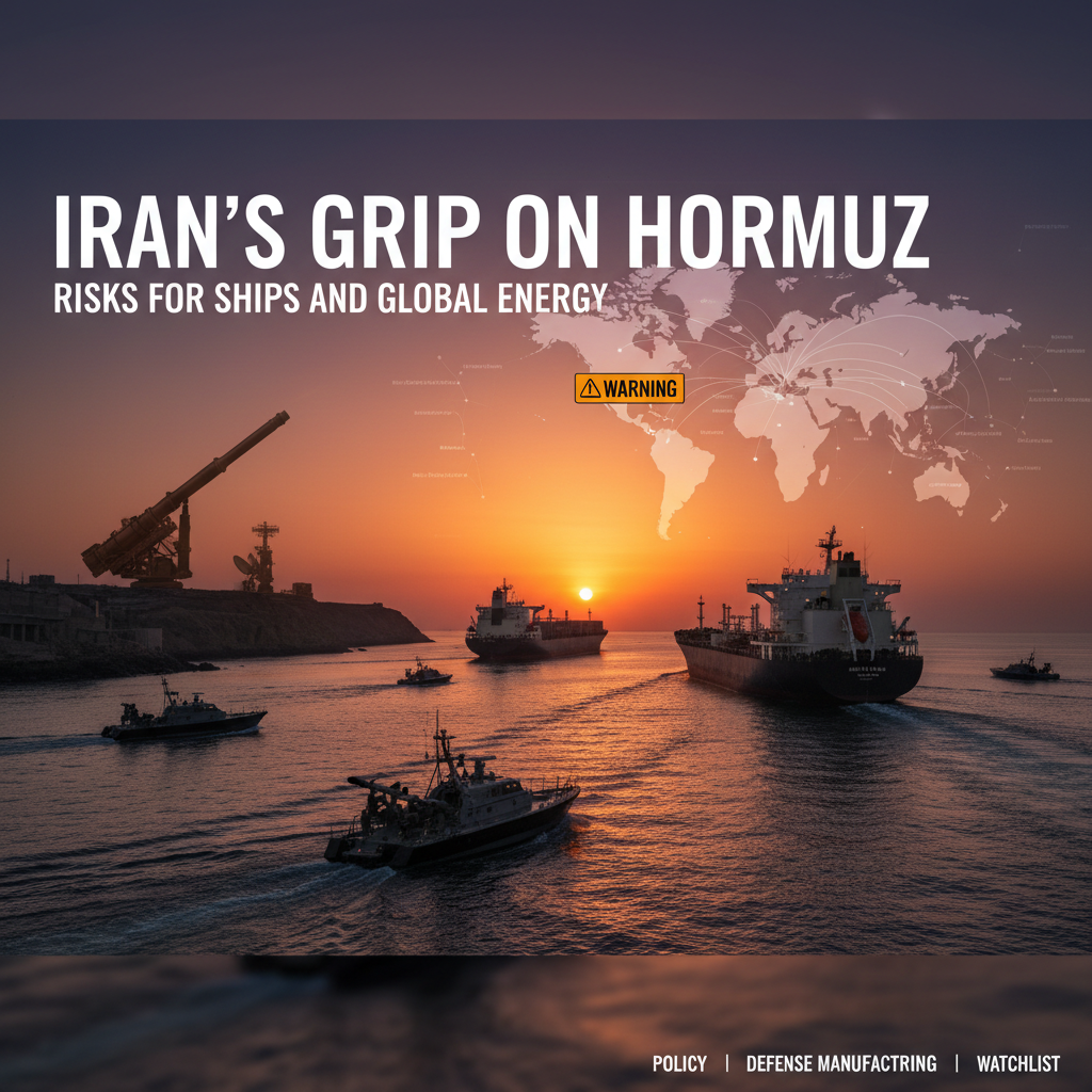 Ships navigate the Strait of Hormuz at sunset, with a subtle map overlay highlighting the region and missile launchers on the coast.