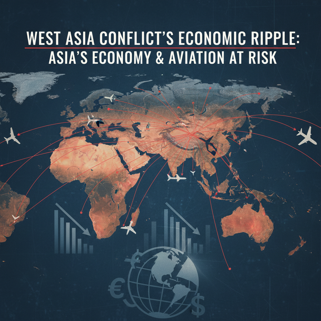 A world map illustrating economic ripples and aviation risks due to the West Asia conflict, with planes and downward graphs.
