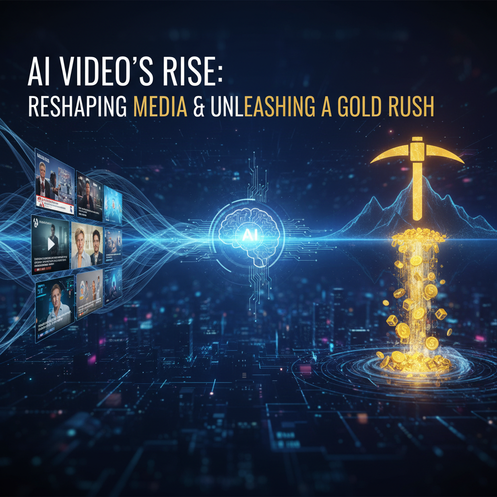 An AI brain connected to screens displaying videos, with a gold rush theme.
