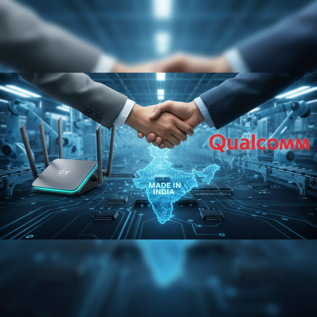 A handshake over a circuit board with a glowing map of India, a Wi-Fi 7 router, and the Qualcomm logo.