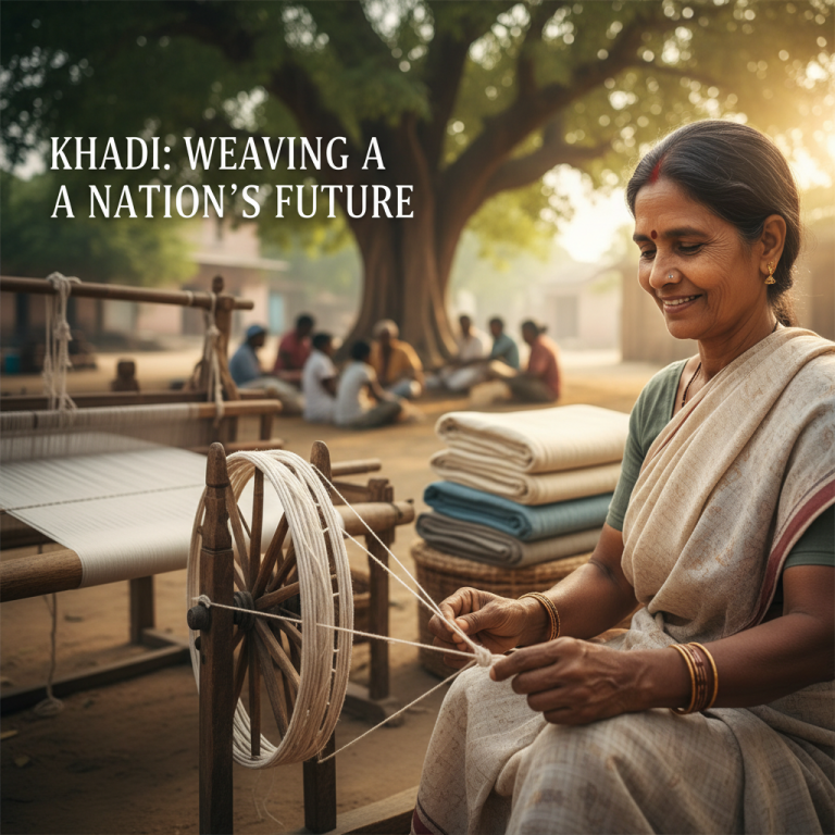 An Indian woman smiles while spinning Khadi yarn, symbolizing self-reliance and traditional craftsmanship.
