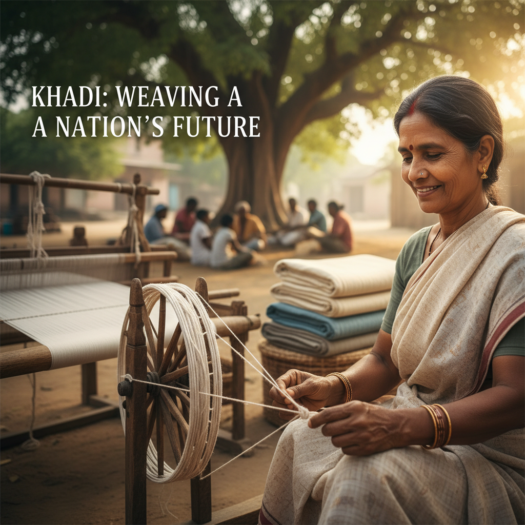 An Indian woman smiles while spinning Khadi yarn, symbolizing self-reliance and traditional craftsmanship.