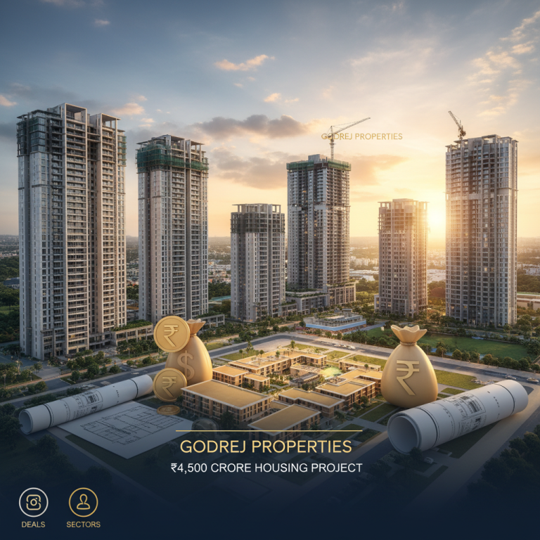 An image showing an architectural rendering of modern residential buildings in Gurugram with money bags and blueprints in the foreground.