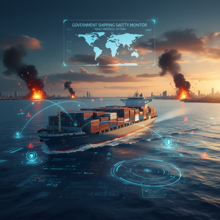 A container ship sails on a sea with burning cities in the background, overlaid with a digital safety monitor.