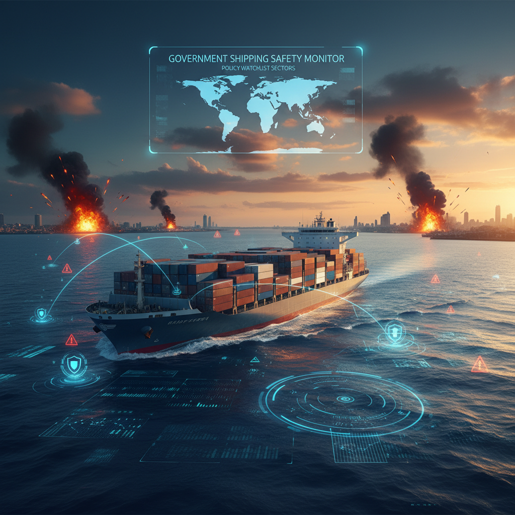 A container ship sails on a sea with burning cities in the background, overlaid with a digital safety monitor.