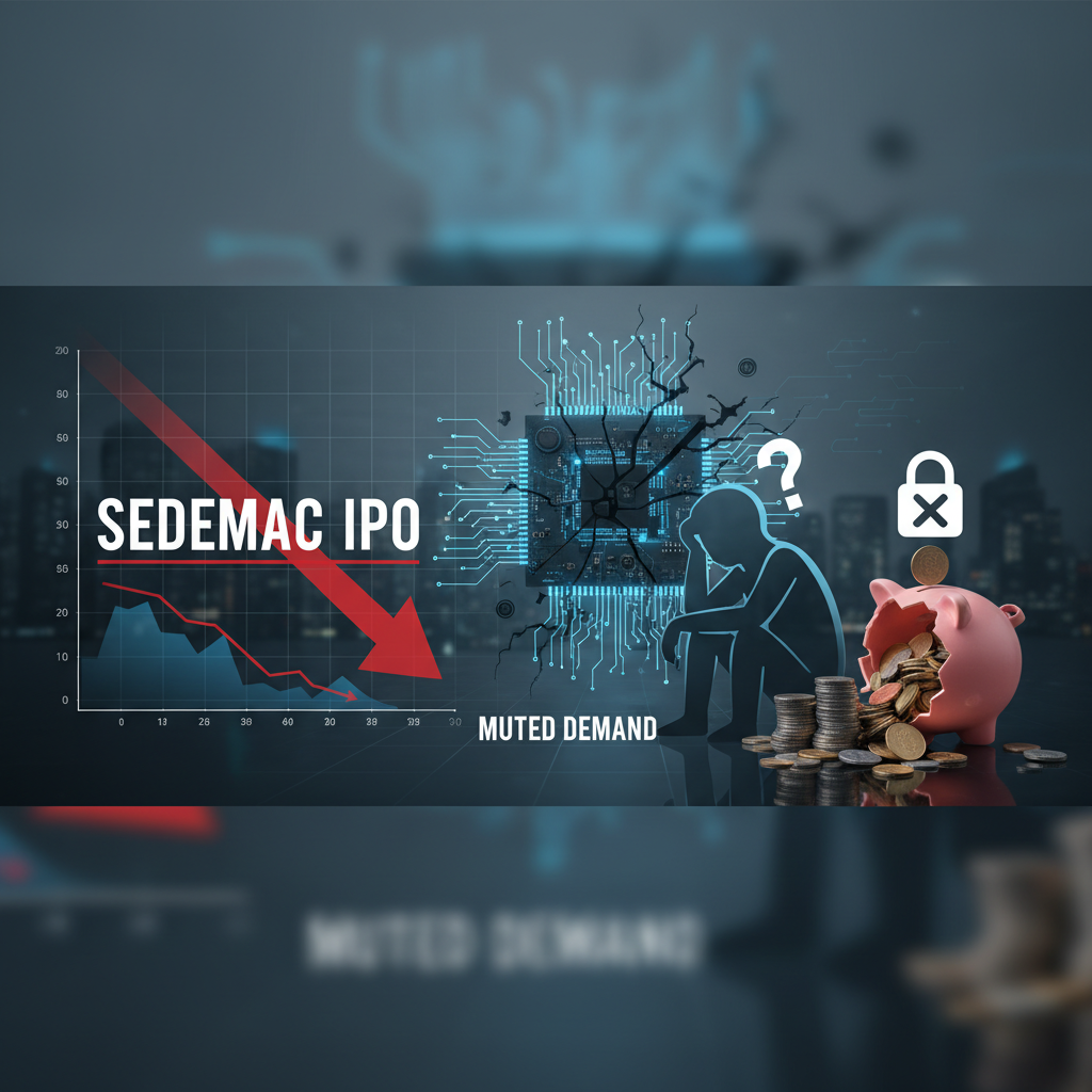 A stock chart with a downward arrow for SEDEMAC IPO, broken piggy bank, and circuit board with cracks.