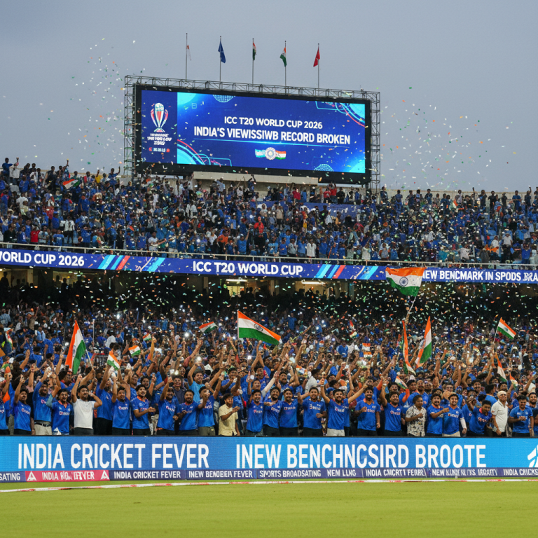 A packed cricket stadium with jubilant Indian fans cheering, confetti in the air, and a large screen displaying "ICC T20 World Cup 2026: India's Viewership Record Broken."
