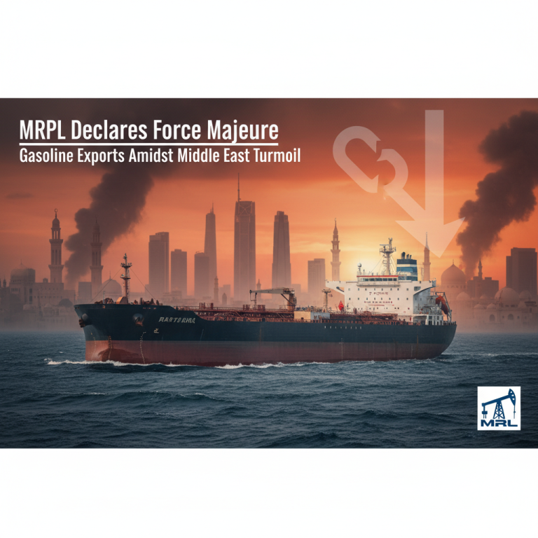 An oil tanker sailing on water with a Middle Eastern city skyline and a downward arrow overlaid on a fiery sunset.