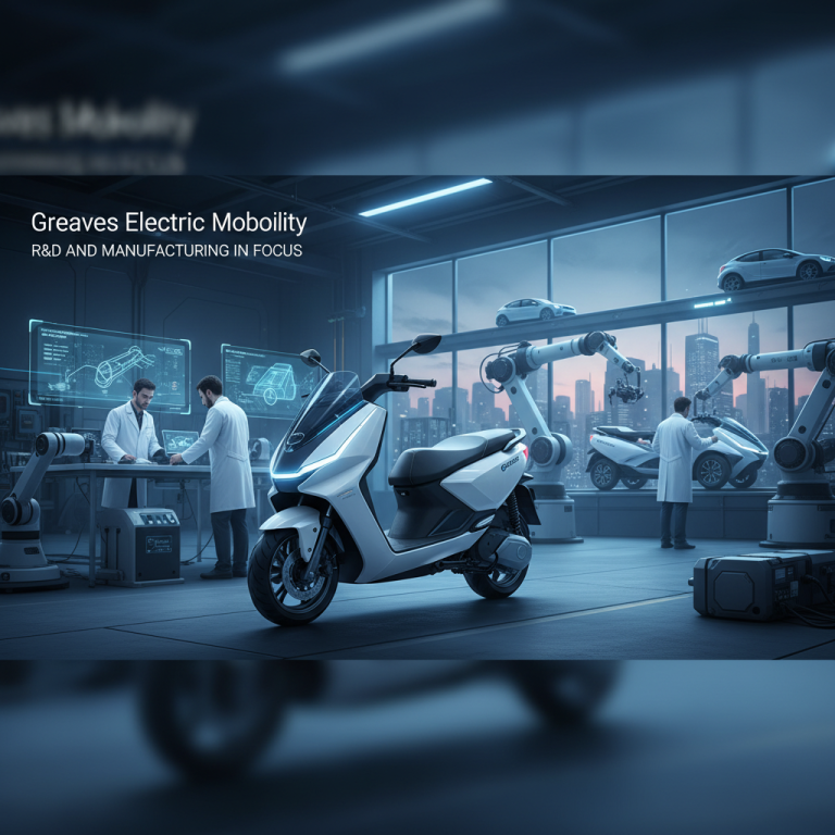 An electric scooter in a modern factory setting with engineers and robotic arms.