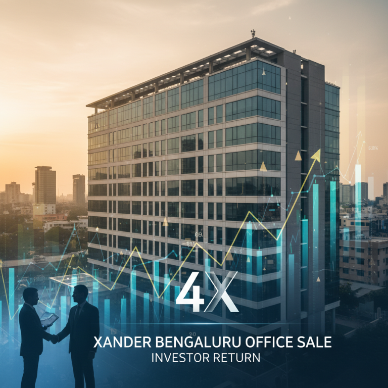 Two businessmen shaking hands in silhouette before a modern office building in Bengaluru, with financial charts and "4X" overlay.