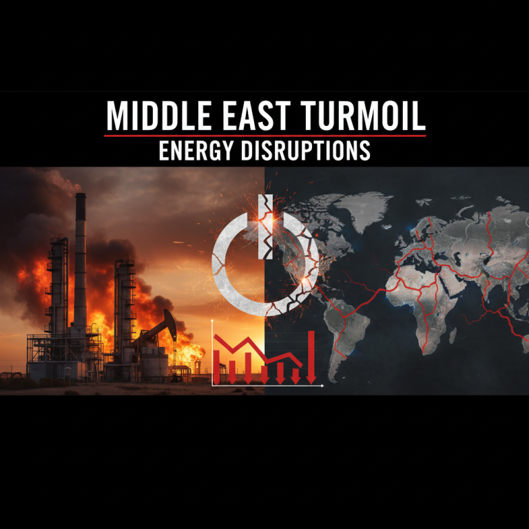An oil refinery burning and a map of the world with red lines over the Middle East.