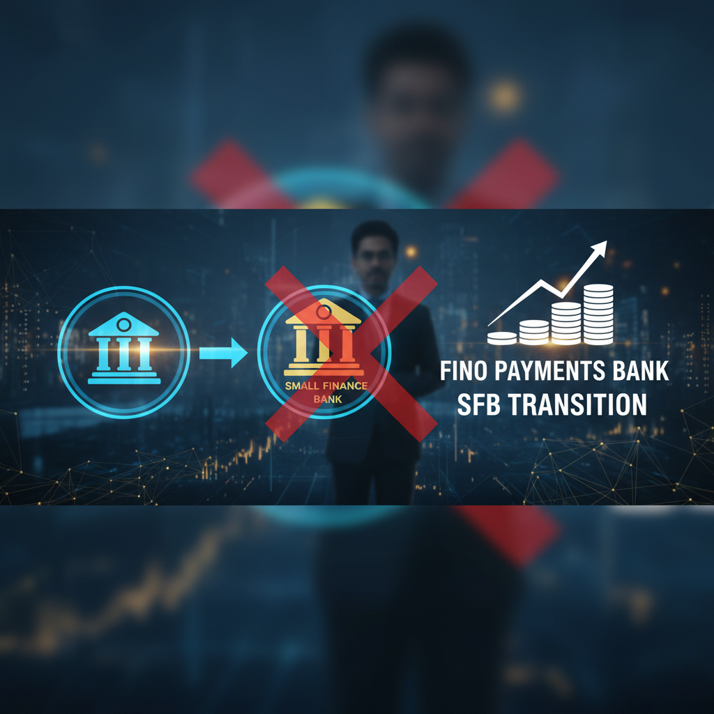 A professional graphic illustrating Fino Payments Bank's transition to an SFB, with a crossed-out Small Finance Bank icon.