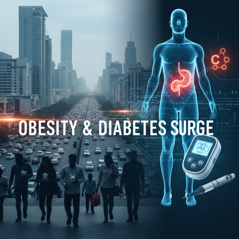 An image combining a bustling Indian city with medical representations of obesity, diabetes, and related medical devices.