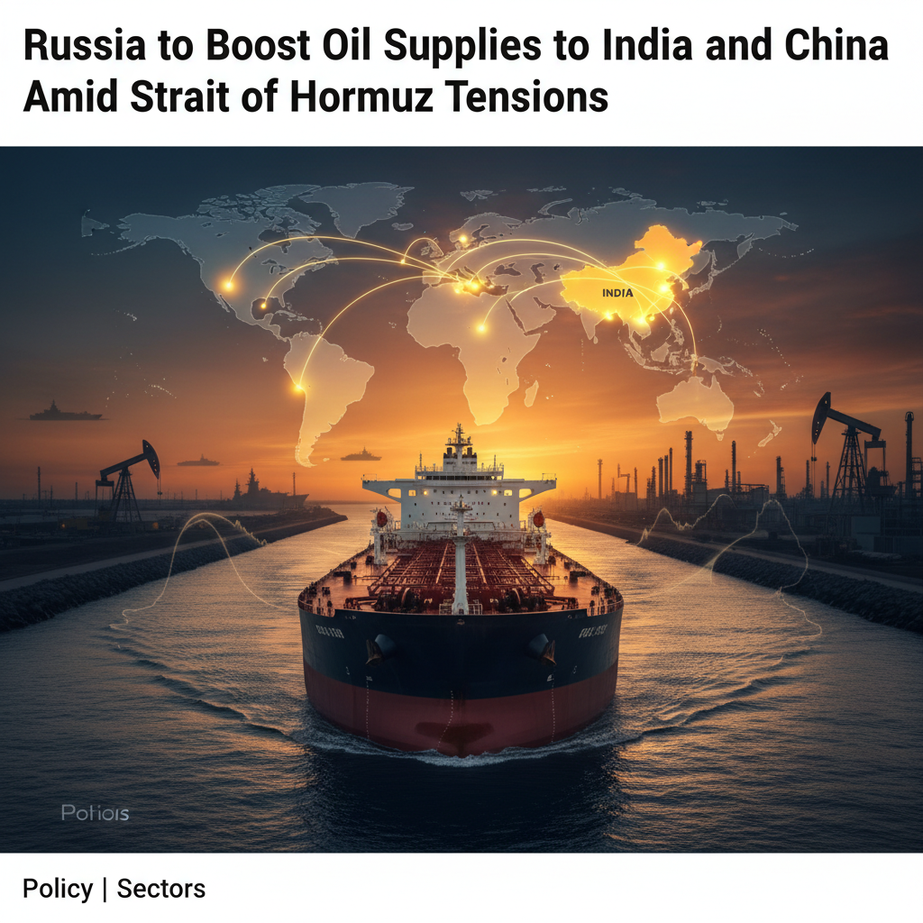 A large oil tanker at sunset with a superimposed world map highlighting trade routes to India and China amidst industrial backdrop.