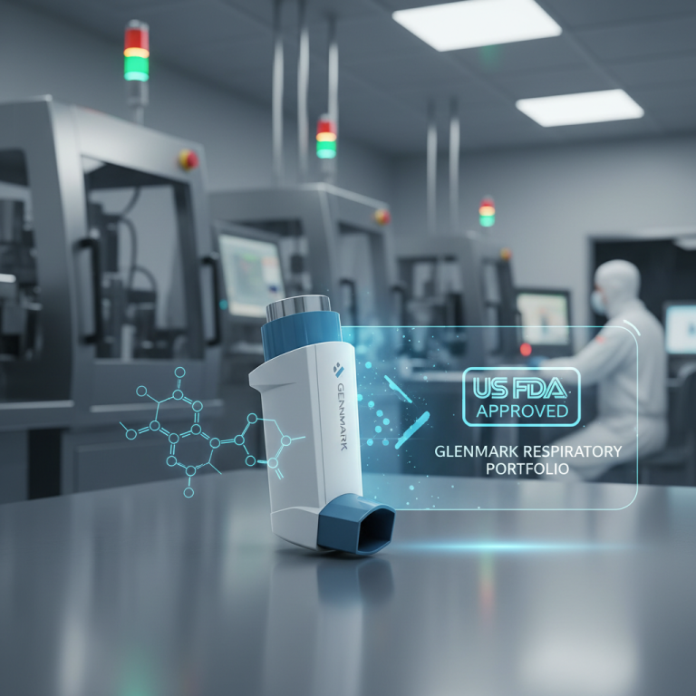 A modern fluticasone inhaler with Glenmark branding, glowing medical graphics, and a "US FDA APPROVED" label, against a blurred pharmaceutical manufacturing background.