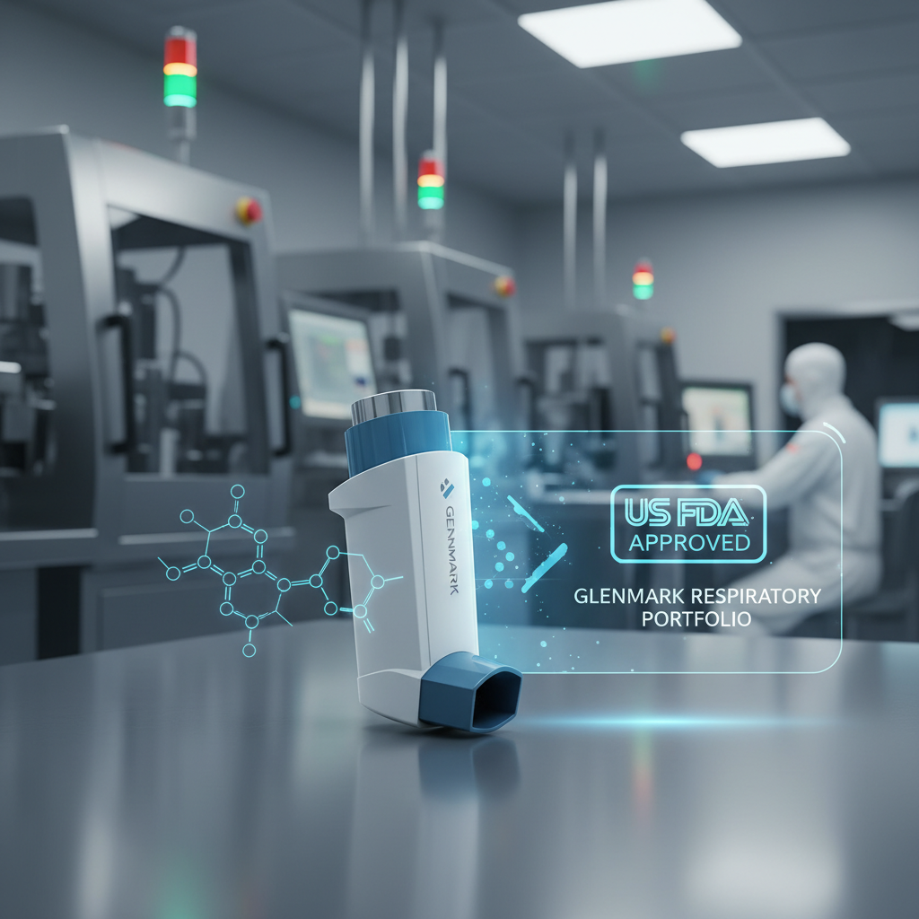 A modern fluticasone inhaler with Glenmark branding, glowing medical graphics, and a "US FDA APPROVED" label, against a blurred pharmaceutical manufacturing background.