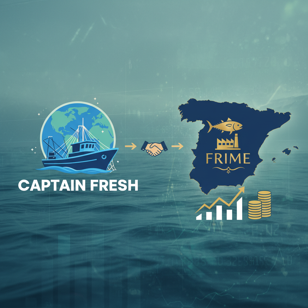 A professional graphic depicting the acquisition of Frime by Captain Fresh, showing a fishing boat, world map, handshake, and Spain.