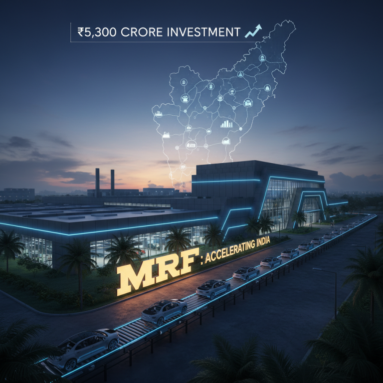 An advanced automotive manufacturing facility with the MRF logo and cars on an assembly line, under a network map of India.