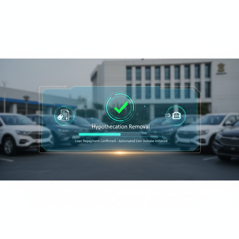 Digital interface showing "Hypothecation Removal" with a checkmark, overlayed on a car parking lot and government building.