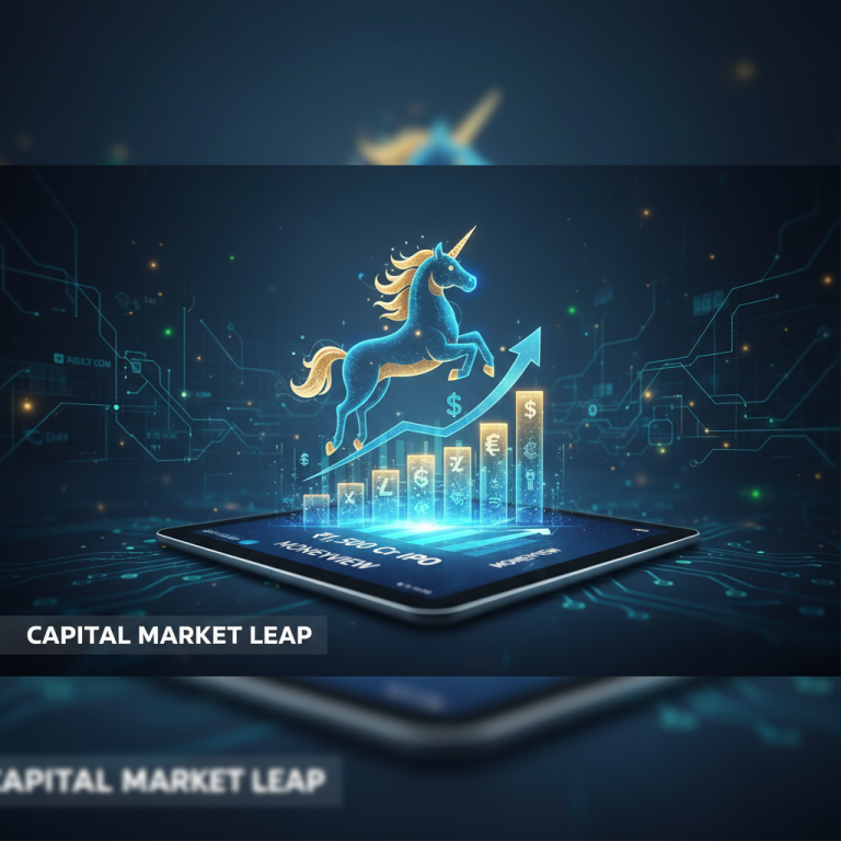 A digital unicorn leaping over a financial bar graph on a tablet, symbolizing growth and capital markets.