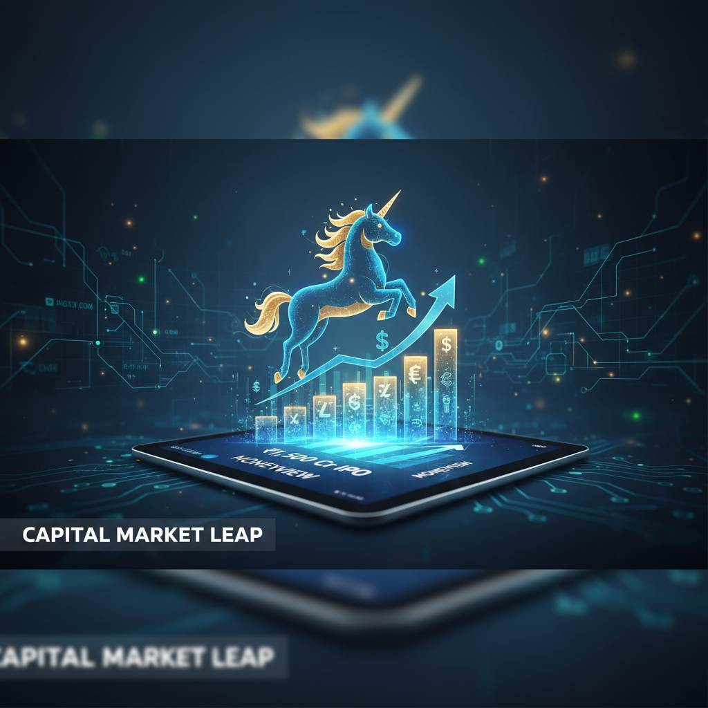 A digital unicorn leaping over a financial bar graph on a tablet, symbolizing growth and capital markets.