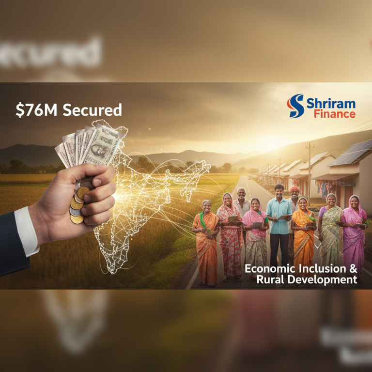 A hand holding Indian currency over an outline of India with people and solar-powered homes in a rural setting.