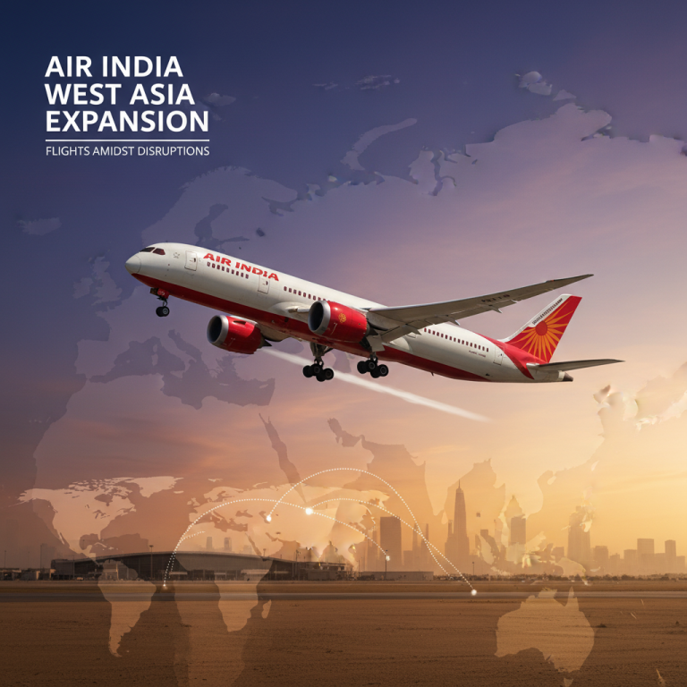 An Air India plane taking off over a map of West Asia, symbolizing flight expansion and connectivity.