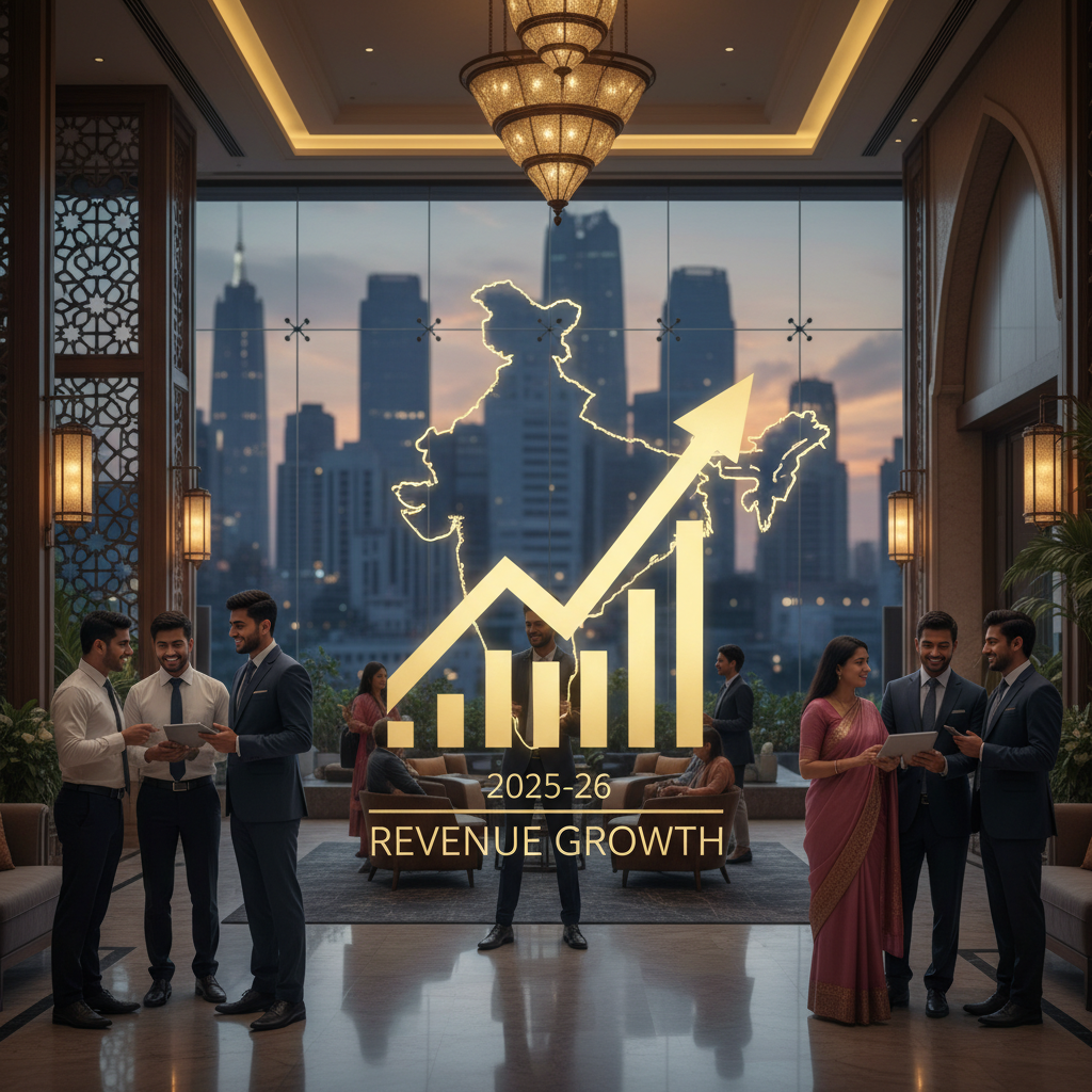 Business professionals in a luxurious hotel lobby with an overlay of India's map and a rising graph.