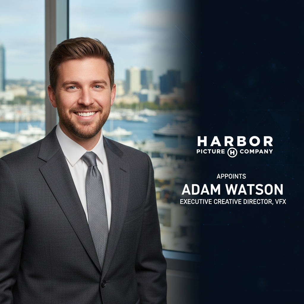 Professional portrait of Adam Watson, a smiling man in a suit, with text about his new role at Harbor Picture Company.