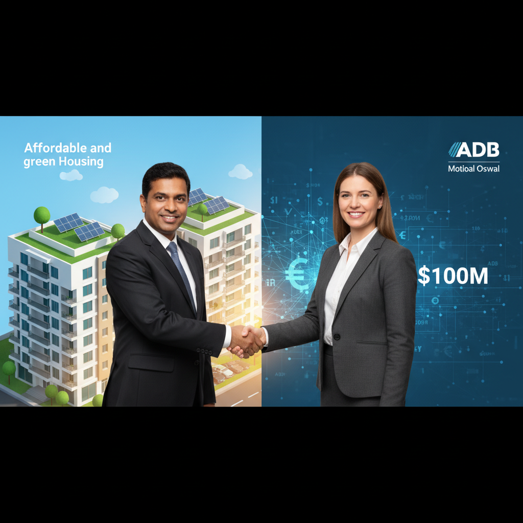 Two business professionals shaking hands in front of a split background, representing a financial deal for green housing.