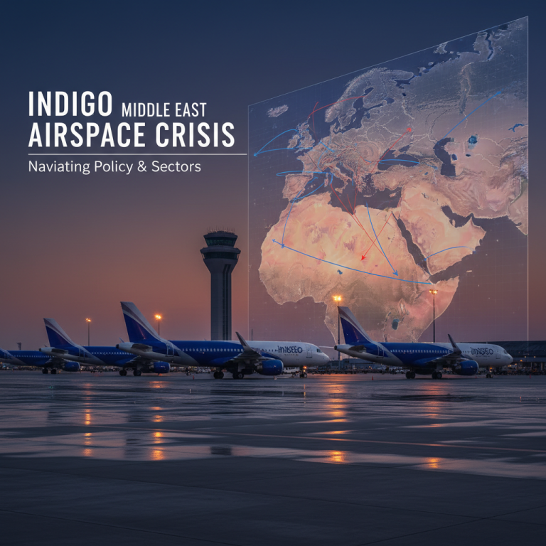 IndiGo planes on a tarmac at dusk with an overlay of the Middle East map and flight paths.