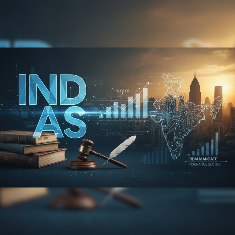 A professional image representing the IRDAI's Ind AS mandate for India's insurance sector, with policy and financial themes.