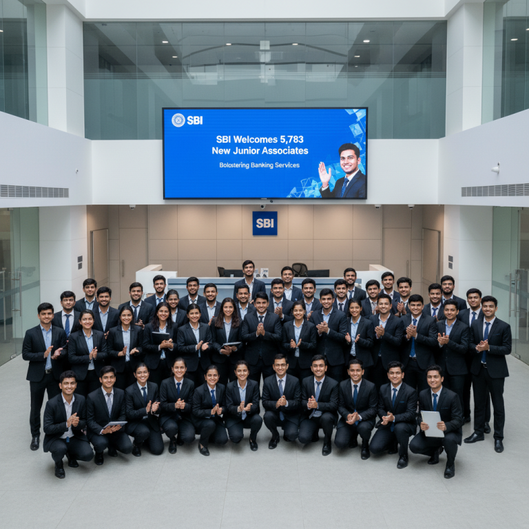 A group of new SBI junior associates in professional attire, clapping in a modern office lobby with a digital welcome sign.