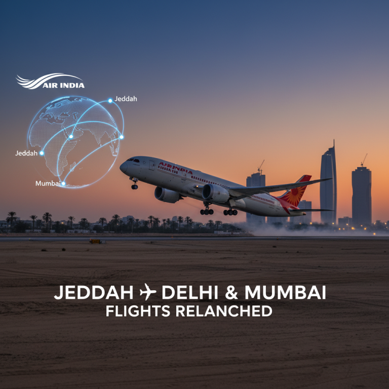 An Air India plane takes off at sunset with city skyline and a global network graphic.
