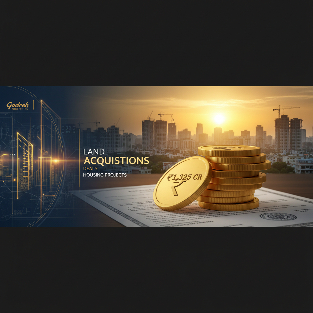 A professional image showing a stack of golden Indian Rupee coins, one with "₹1,325 CR" on it, atop a document, with a city skyline at sunset.