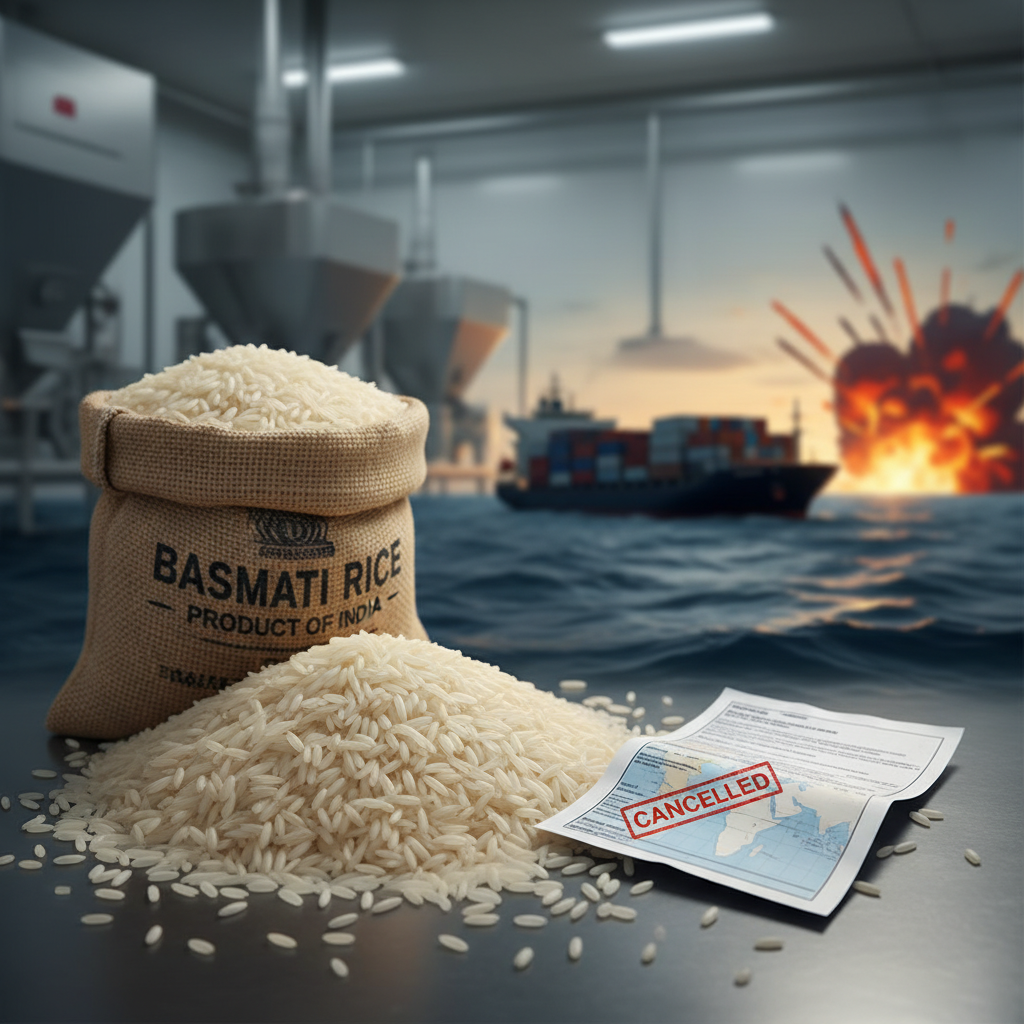 A sack of Basmati rice and scattered grains with a "CANCELLED" document, a cargo ship, and an explosion at sea.