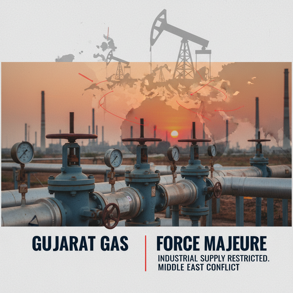 An image representing industrial gas supply issues, showing pipelines, gauges, oil rigs, and a world map.