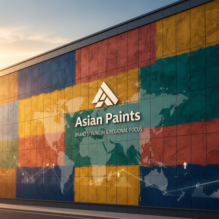 A modern building facade adorned with a vibrant, painterly mural in various colors, featuring the Asian Paints logo.