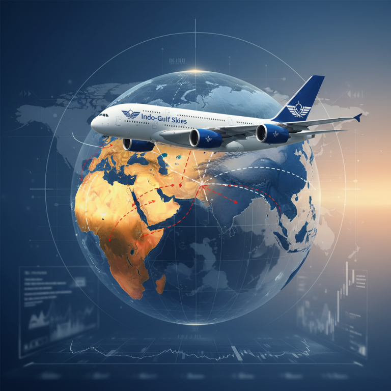 A modern passenger airplane flying over a globe, with flight paths indicating routes between India and the Gulf region.