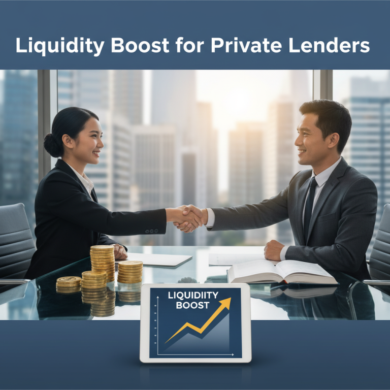 Two professionals shaking hands across a table with stacks of coins and a tablet showing a "Liquidity Boost" graph.