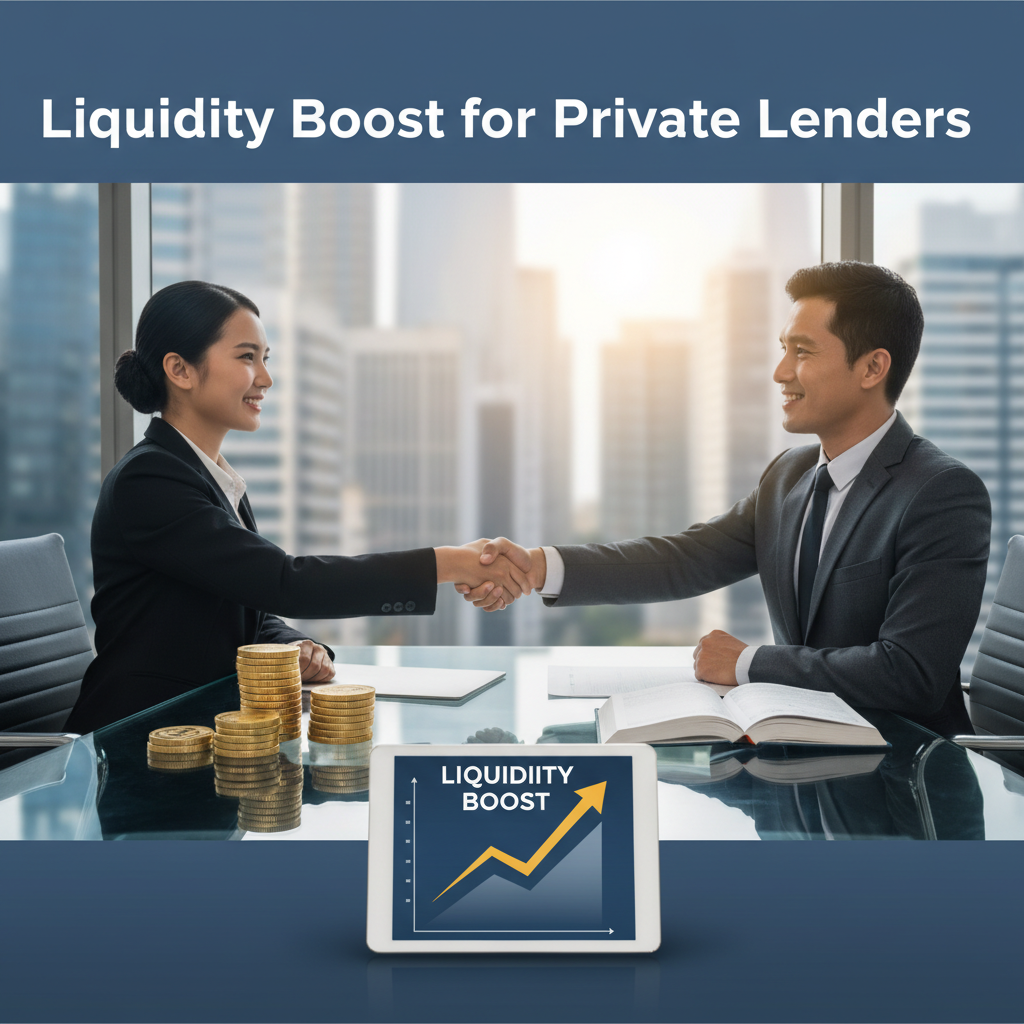 Two professionals shaking hands across a table with stacks of coins and a tablet showing a "Liquidity Boost" graph.