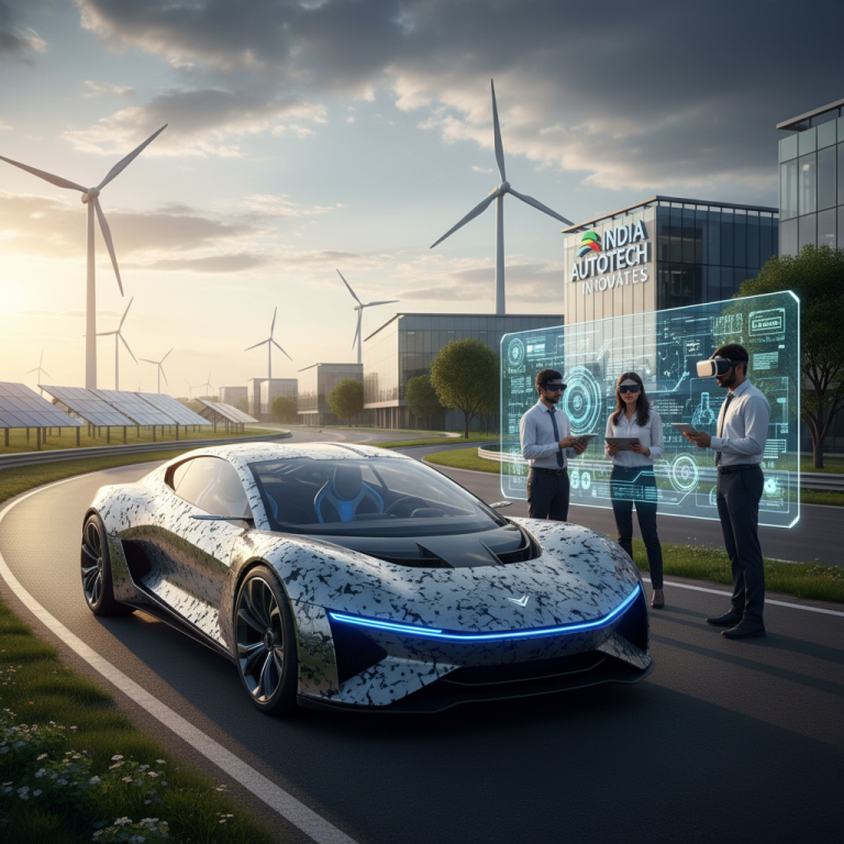 A futuristic electric car with engineers using holographic interfaces, wind turbines, and solar panels in the background.