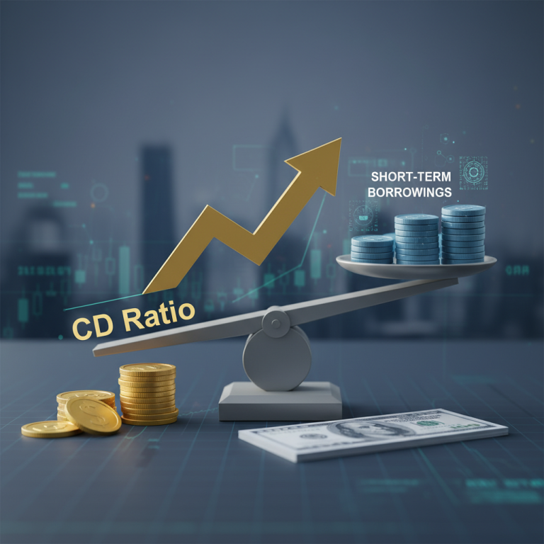 A financial scale balancing "CD Ratio" and "Short-Term Borrowings" with an upward trend arrow.