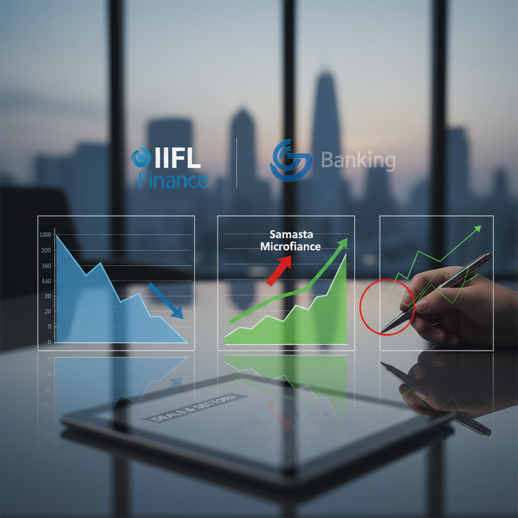 A professional image showing financial charts, "IIFL Finance" and "Samasta Microfinance" text, and a hand writing on a tablet.