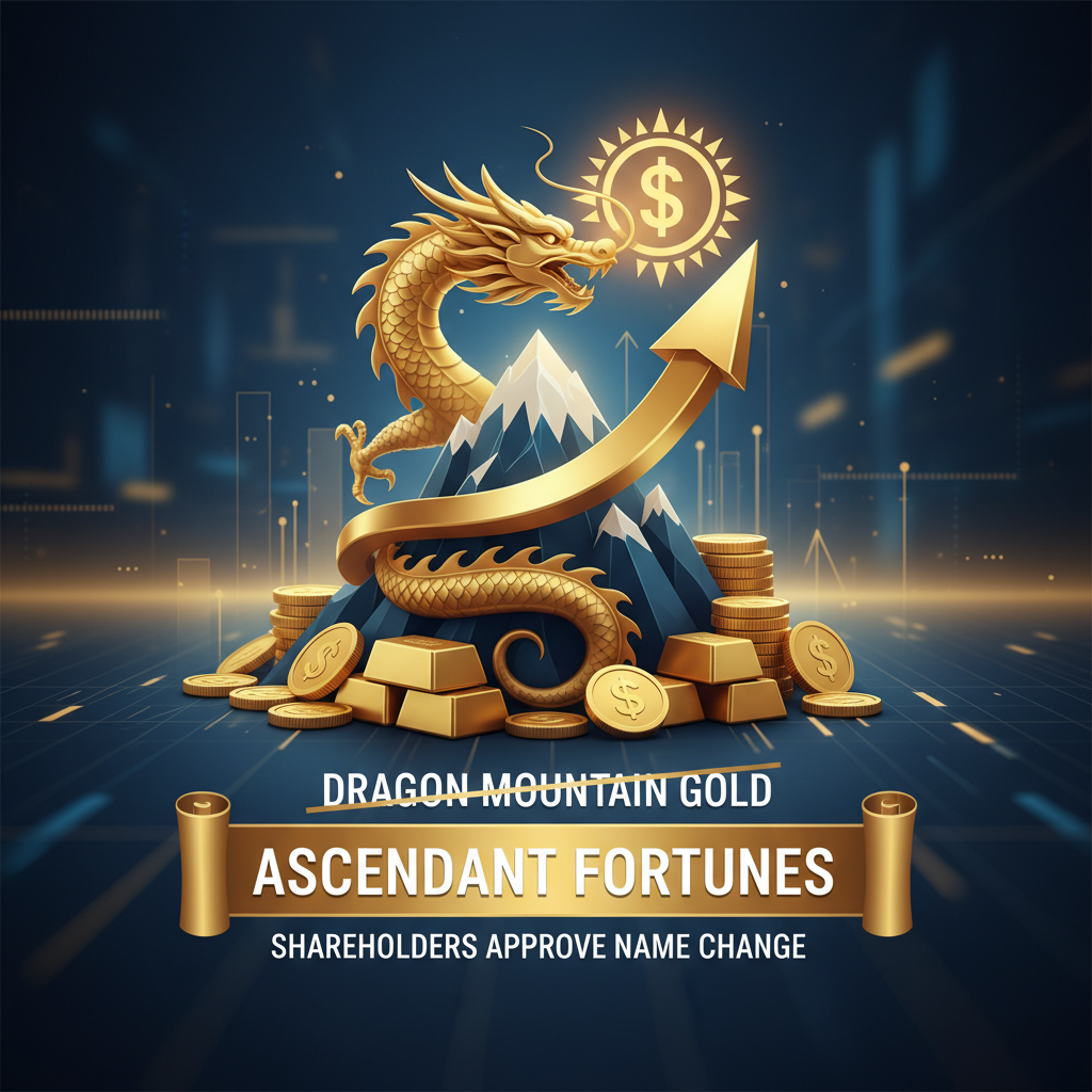 A golden dragon coils around a mountain of gold bars and coins, with an upward arrow and sun-dollar sign.