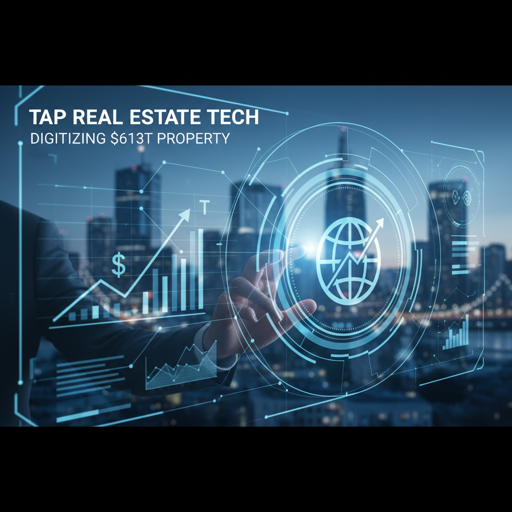 A hand interacts with a futuristic interface showing real estate market data and global connectivity over a city skyline.